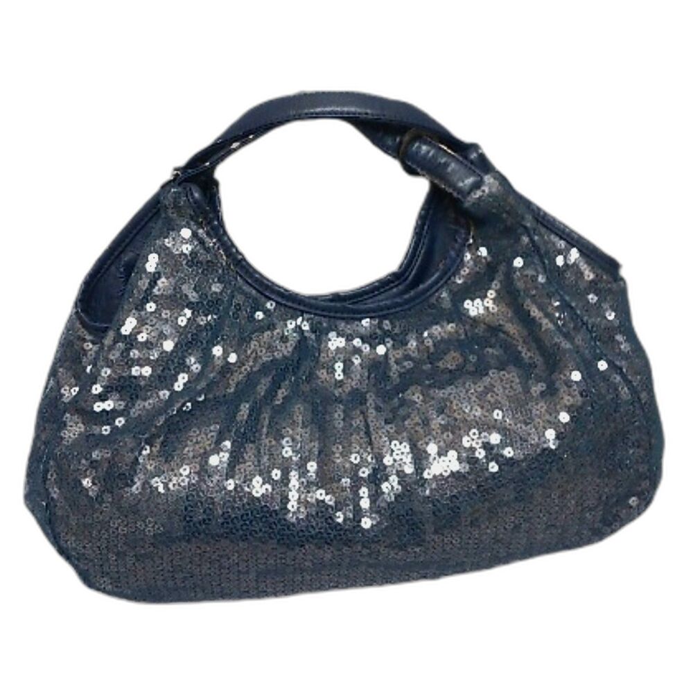 ANTEPRIMA Midnight Blue Sequin Mesh Hobo Bag Leather Trim
